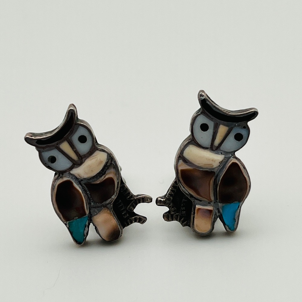 Vintage Zuni Southwest Owl Earrings Turquoise Shell Inlay Bird Silver 750